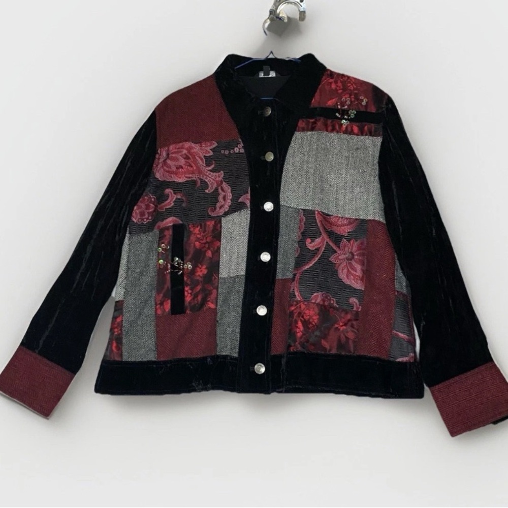 Vtg Attitude Patchwork Blazer Jacket M‎ Velvet Tapestry Floral Boho Hippie Y2K